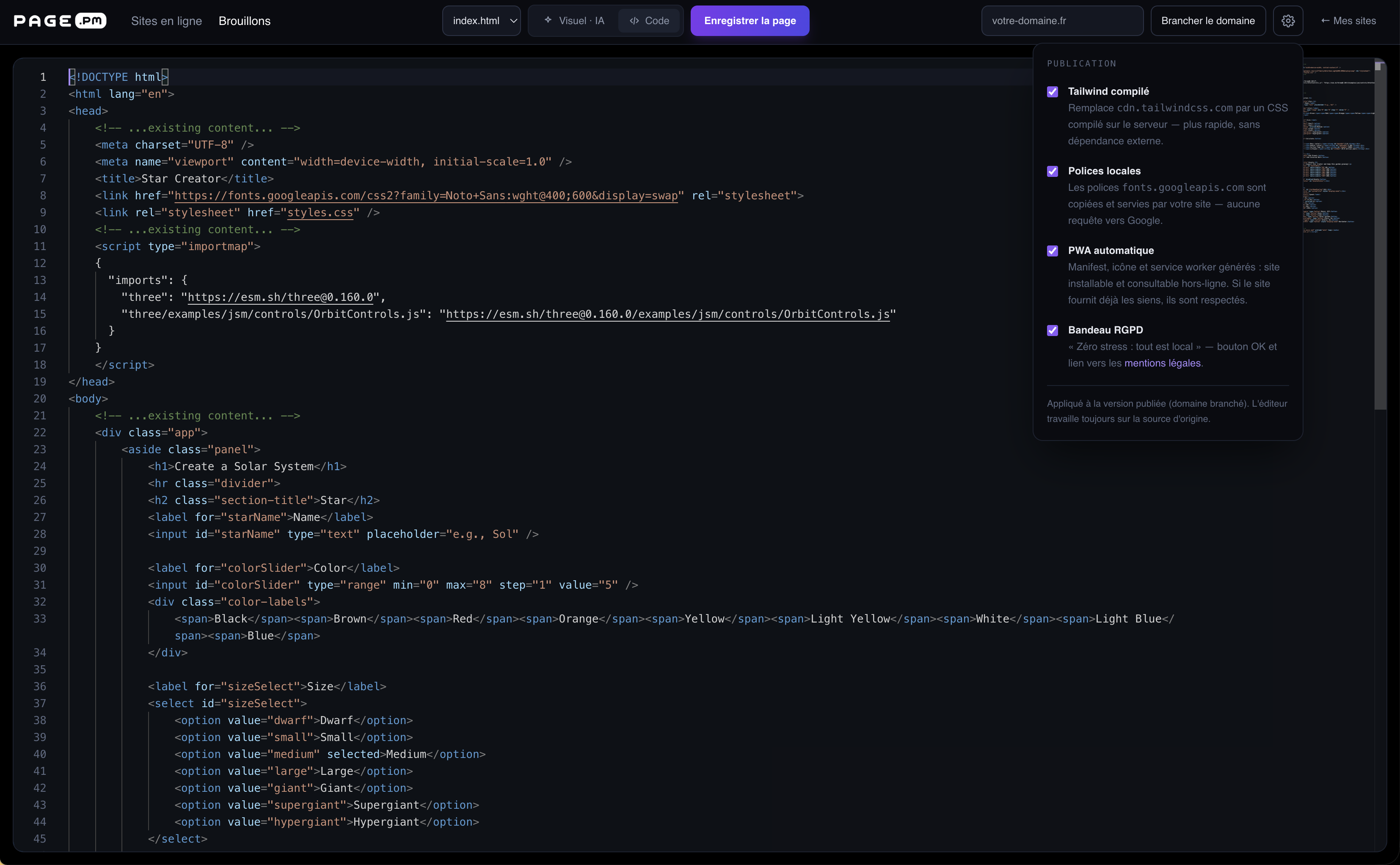 Le mode Code de PAGE.PM affiche le HTML de la page avec coloration syntaxique. Le panneau de publication est ouvert à droite.