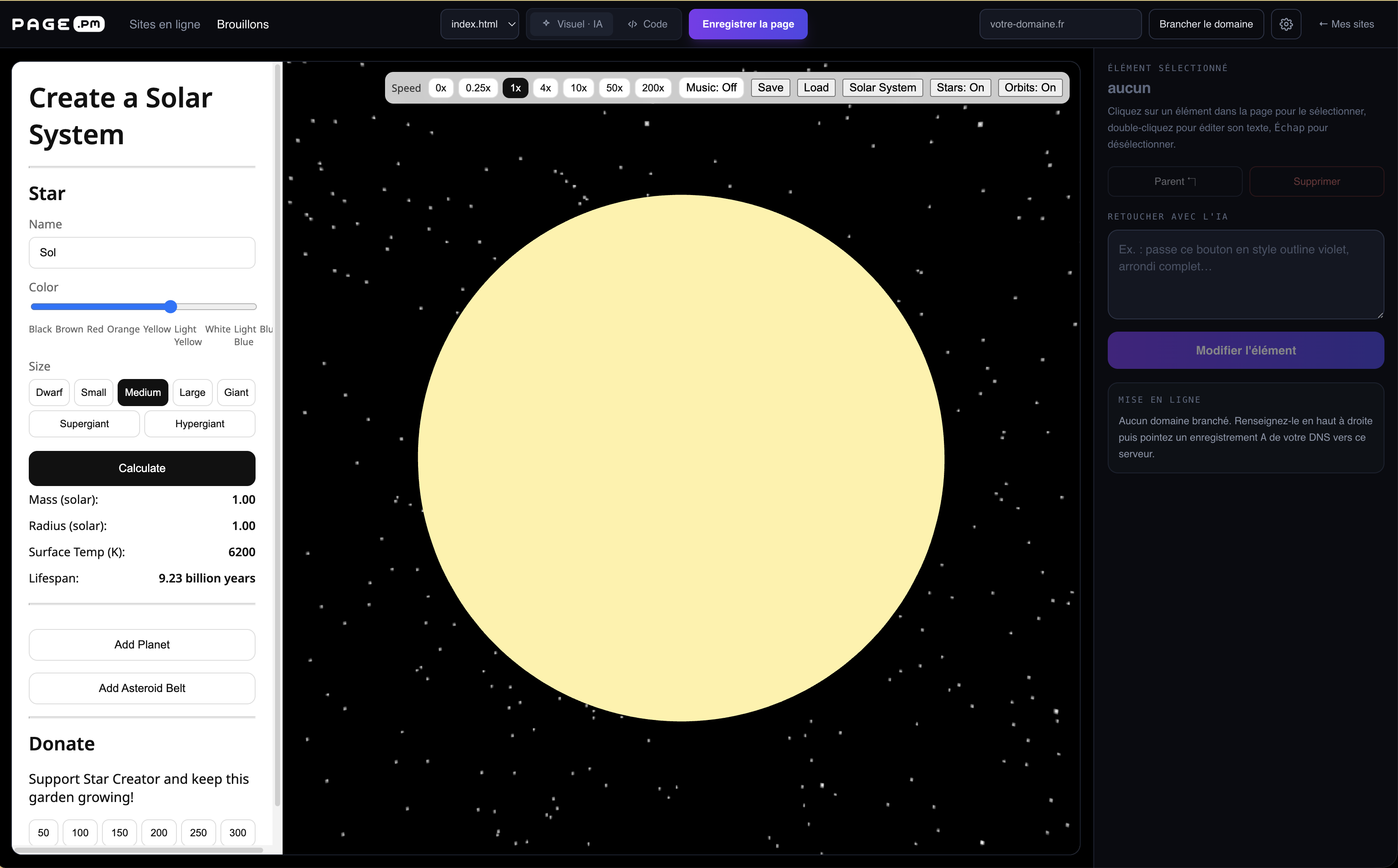 L’éditeur PAGE.PM affiche un site de simulation solaire, avec les modes Visuel · IA et Code, un panneau de retouche et le branchement du domaine.