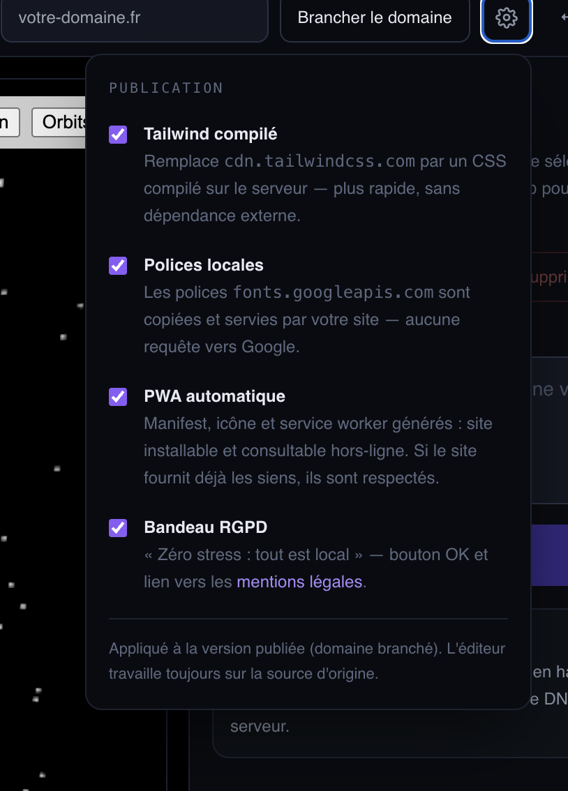 Panneau Publication : options Tailwind compilé, Polices locales, PWA automatique et Bandeau RGPD ; note indiquant leur application à la version publiée, en conservant la source d’origine.